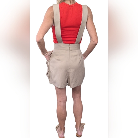 Opening Ceremony Wool Beige Suspender Shorts Overalls Size S High Waist Pockets - Picture 14 of 14